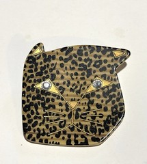 Vintage Laminated Acetate Leopard Cat Brooch Pin Art Deco Rhinestone 2.5″