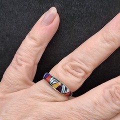Zuni Style Inlay Band Ring Sterling Silver Size 8.5 Multi Stone Southwestern