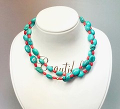 Artisan Crafted Oval Turquoise Bead Red Coral Necklace 14K Gold Accent 30″ L #2