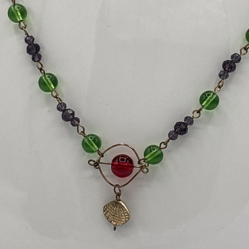 Vintage Green Purple Glass Bead Shell Pendant Necklace Handmade Artisan 20”