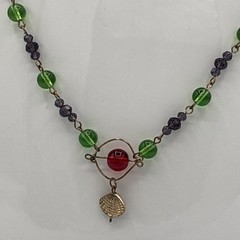 Vintage Green Purple Glass Bead Shell Pendant Necklace Handmade Artisan 20”