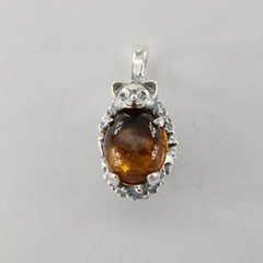 Cognac / Brown BALTIC AMBER Hedgehog Pendant 925 STERLING SILVER Poland #5250e