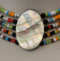 Artisan Beaded Choker Necklace Mother of Pearl Shell Wood Pendant Bohemian Retro