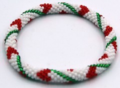 Crochet Glass Seed Bead Nepal Boho Bracelet – Christmas Theme Red Green White