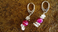 Sterling Silver .925 Lever Back Earrings w/Clear Stone Chips & Pink Agate Bead