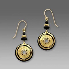 Adajio Earrings Black Disc Shiny Gold Plated Etched Circle Overlay Handmade USA