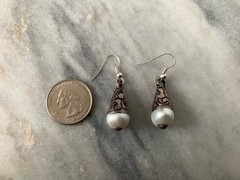Pearl Earrings set in Tibetan Silver repousse, Sterling Silver Finding Earring 6