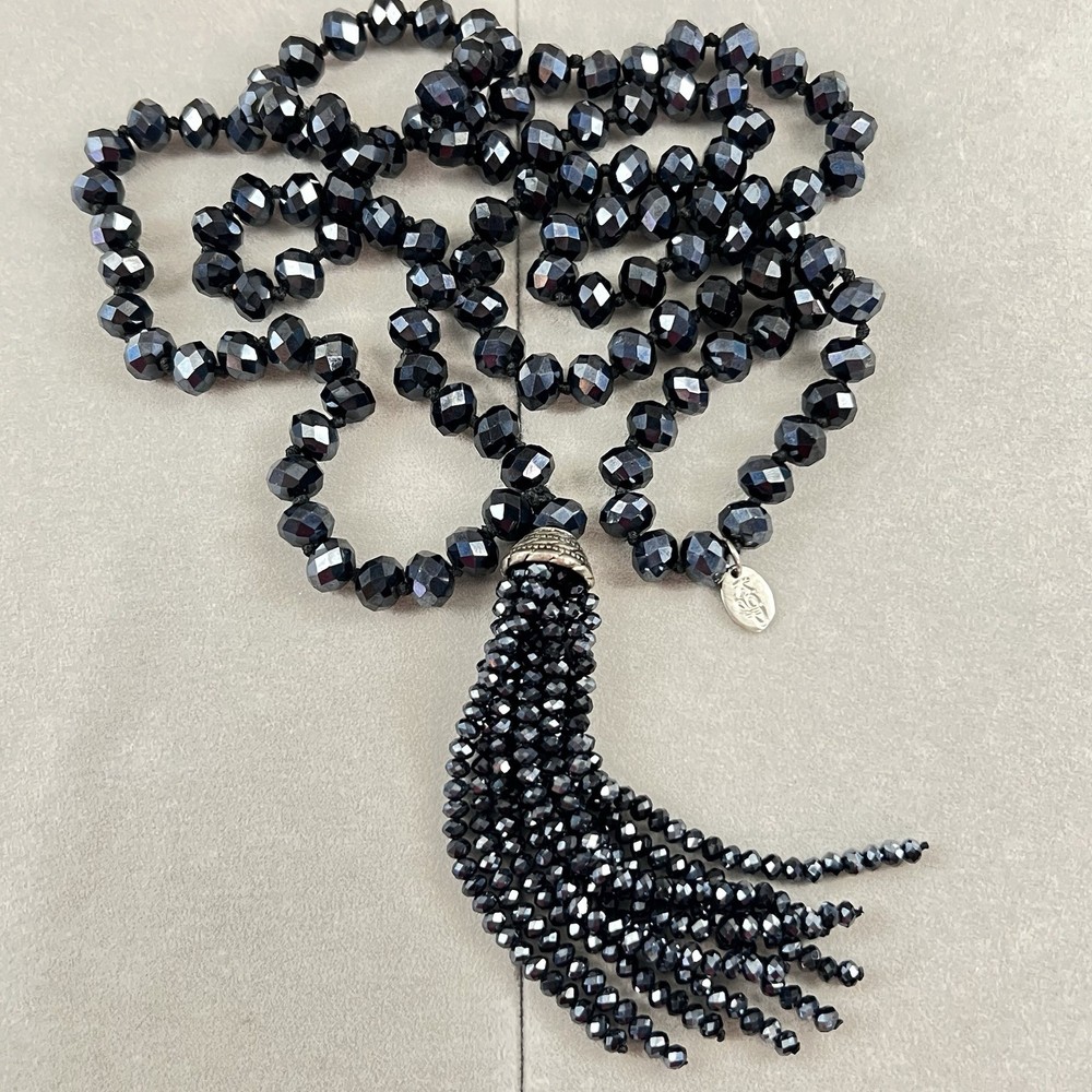 Handmade Artisan Faceted Black Glass Crystal Beaded Tassel Pendant Necklace KJP