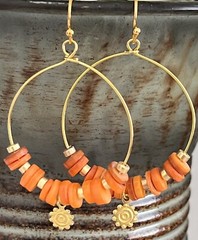 Beautiful Gold and Orange Shell Heishi Bead Hoop Earrings.