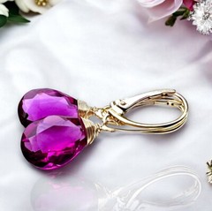 Gorgeous Lab Made Purple Sapphire Earrings 14k Yellow Gold Vermeil , Lever Backs