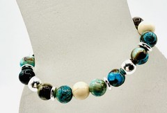 Bracelet Stretchy Blue-green Jasper Fossil Stone & Silver Plated Beads 6.0”L