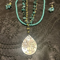 Turquoise / Green Seed Bead, Mother Of Pearl Pendant Set & Earrings Boho 90 Y2K