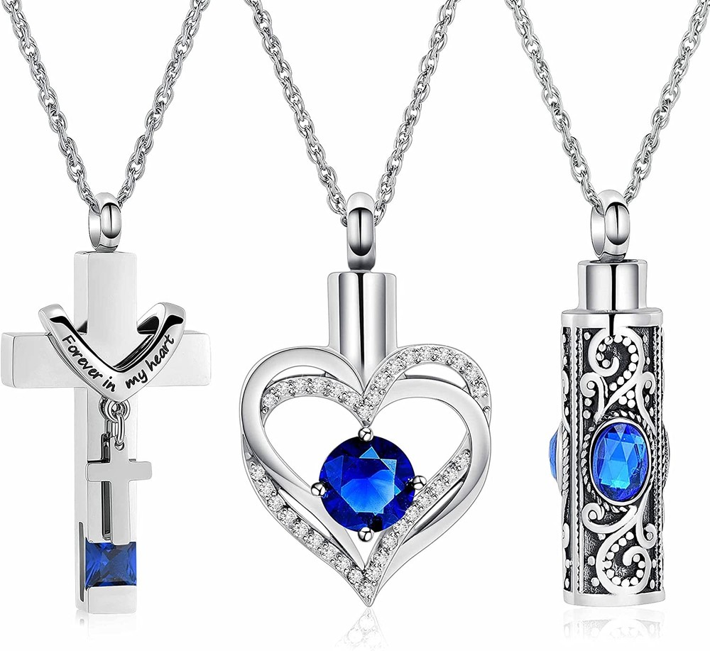 3PCS Cross Heart Cylinder Urn Pendant Memory Necklaces Ashe Memorial Jewelry