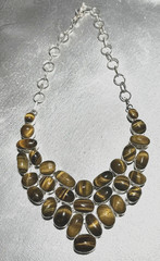 Golden Tiger Eye Statement Necklace 925 Silver 22” Bib Style Chunky Design Rare