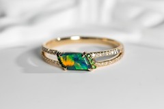 Black Opal Split Shank Engagement Ring with Diamond 14K Yellow Gold