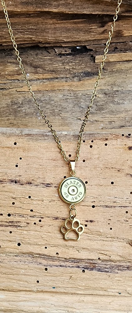 Gold Stainless Steel Bullet Necklace with Puppy Paw Charms. Optional Color.