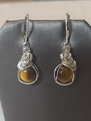 Tiger Eye Sterling Silver Wire Wrapped Earrings Handmade Leverback Brown OOAK 2