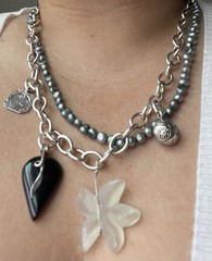 Artisan Sterling Silver Statement Necklace 82g – Gray Pearls, Onyx, MOP, Ladybug