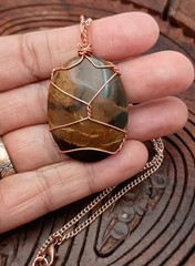 Copper Wire Wrap Tigers Eye Pendant. Handmade, Oval 2.25″