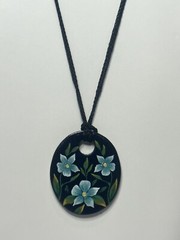 Hand Painted Wooden Oval Pendant Blue Florals On Black Acrylic With Nylon Cord
