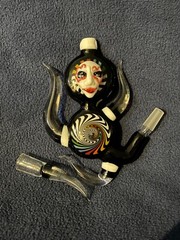 Handmade Glass Pendant Dab Rig with Face and Spiral, 10mm Rainbow Black&White
