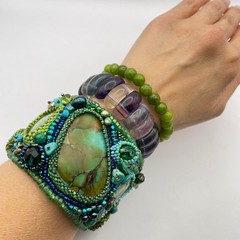 LARGE Beaded Turquoise Boho Cuff Bracelet Adjustable Statement Chunky Bracelet