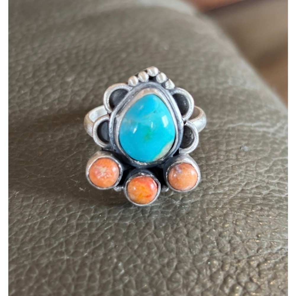 Kingman Turquoise ring with 3 Spiny Orange stones in SS