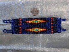 Navajo Blue Seed Beaded Artisan Wrap Bracelet with Colorful Geometric Design 8″