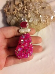 Artisan Huge Faux Hot Pink Druzy Silver Tone 3″ Pendant