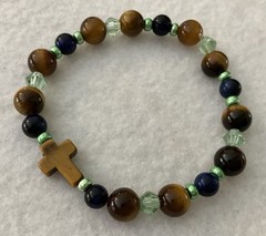Ladies Christian w/Cross Brown Tiger Eye GemStone & Green Beaded Bracelet 7.25”