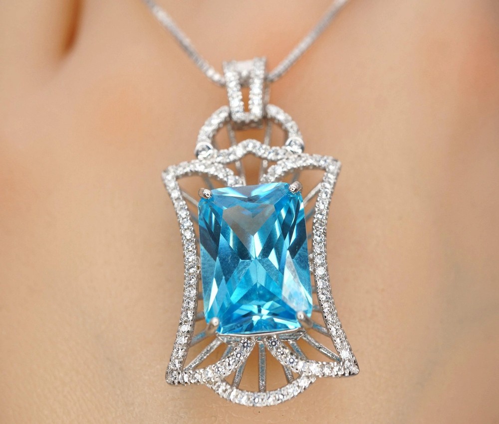 9 CT Blue Topaz Necklace – Gemstone Royal Flower Pendant – 18KGP @ Sterling