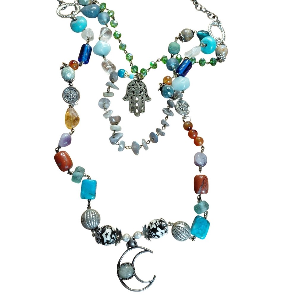 Dancing Moon 3 tier necklace carnelian jasper glass hamsa*