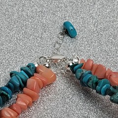 Turquoise, Spiny Oyster & Sterling Silver Beaded Necklace w/Disc Pendant 15-17″