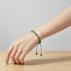 Natural Nephrite Jade Heishi Beaded Adjustable Bracelet Green Gold Tone Gife