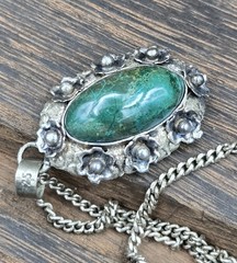 Signed JP Sterling Silver 925 Chrysocolla Necklace, Southwest Rosette Border 16″