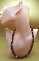 Brown Goldstone Glitter Chips w/silver tone beads 19″ Necklace Lobster Closure