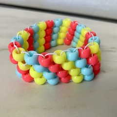 Handmade 3D Kandi Cuff Bracelet – Pink Yellow Blue – Multi-Row Pony Bead Jewelry