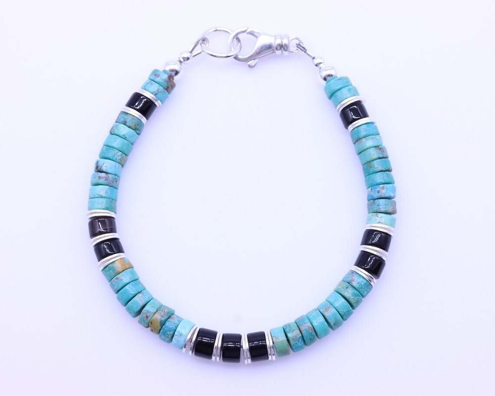 Arizona Turquoise & Black Onyx Bracelet, 6mm Bluish Green Heishi Gemstone Beads
