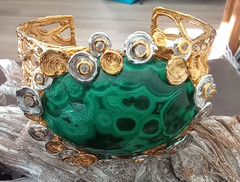 Green malachite topaz GP/sterling brutalist style bracelet (Barthe) and necklace