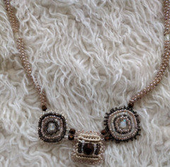 Unique Delicate Boho Beaded & Crocheted Necklace 19″ Mixed Media Beige Tan Brown
