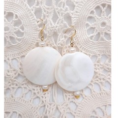 Mother of Pearl Disc Earrings Dangle Artisan Made Gold Plated Statement Bridal