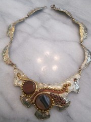 Artisan Agate Hammered Metal Bib Statement Necklace Mexico Vintage Boho