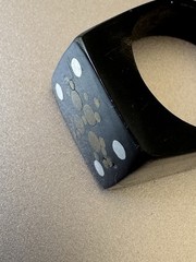 Handcrafted Wood or Horn Ring Carved with Inlaid Brass and Silver? Dot Design
