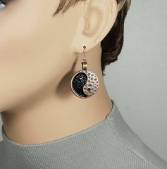 Yin Yang Earrings, Black and Hammered Copper, Hypoallergenic Rose Gold Ear Wires