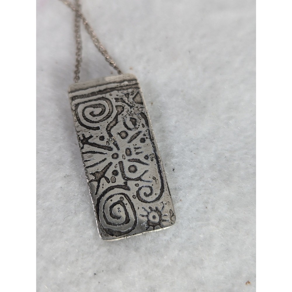 Sterling Silver etched Pendant13/8’x 5/8″Oxidized rustic Tube bail 18″ SP chain