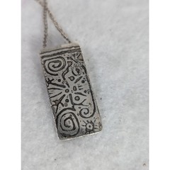 Sterling Silver etched Pendant13/8’x 5/8″Oxidized rustic Tube bail 18″ SP chain