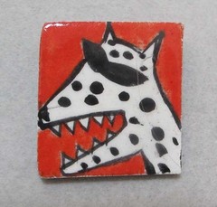 Rare POLLY COOK Red Ceramic 1.5” Brooch DOG IN SUNGLASSES AS-IS