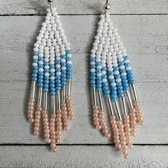 Mini Seed Beaded Earrings 2.5 Inches Pearly Peach Blue Lightweight