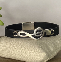Music Lovers Black Leather Bracelet Silver Music Note Clef Bracelets