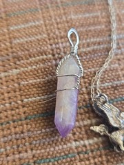 Amethyst Lot Hexagon Pendant Necklace, Wire Wrapped, Rope Chain, Purple Clear
